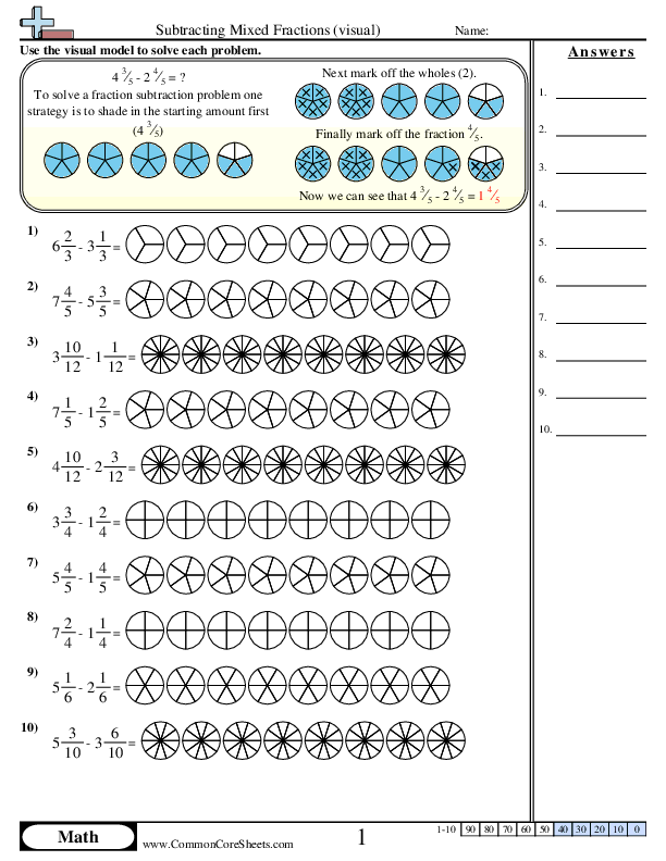 4.nf.3c Worksheets - Subtracting Mixed Fractions (Visual) worksheet